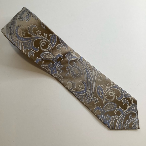 MICHAEL KORS Silk Tan & Blue Woven Paisley Tie - Picture 2 of 10
